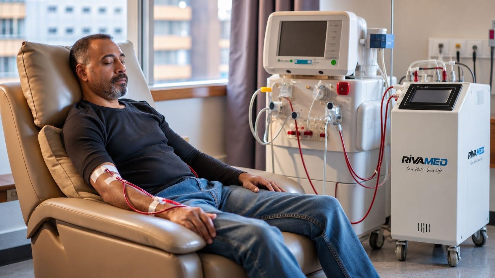Patient receiving haemodialysis beside a RIVAMED water treatment unit
